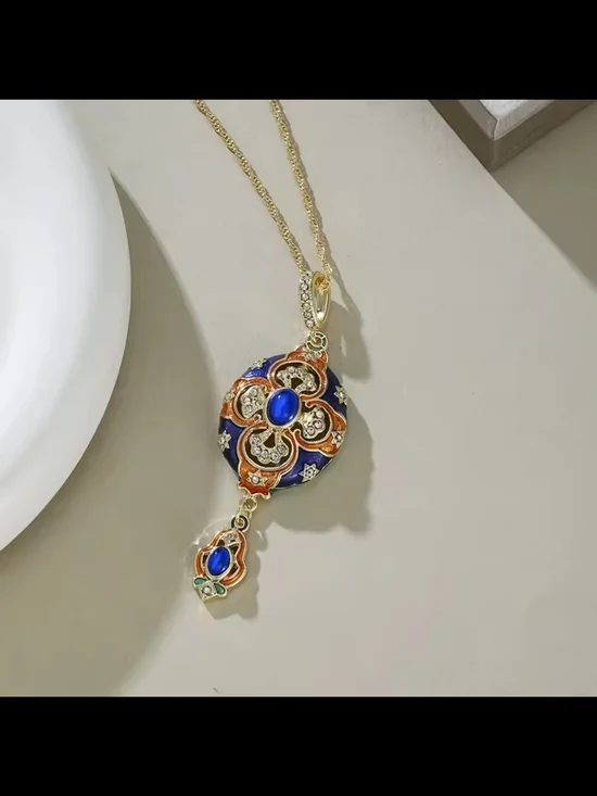 Gold-Tone Blue and Orange Enamel Pendant Necklace - Picture 3 of 6